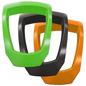 Trzy zapasowe otwory do przysłony dla Nexusa 30 – zielona, czarna i pomarańczowa.