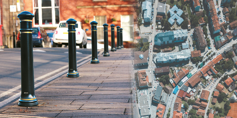 Images of socketed bollards with traffic roundabout background